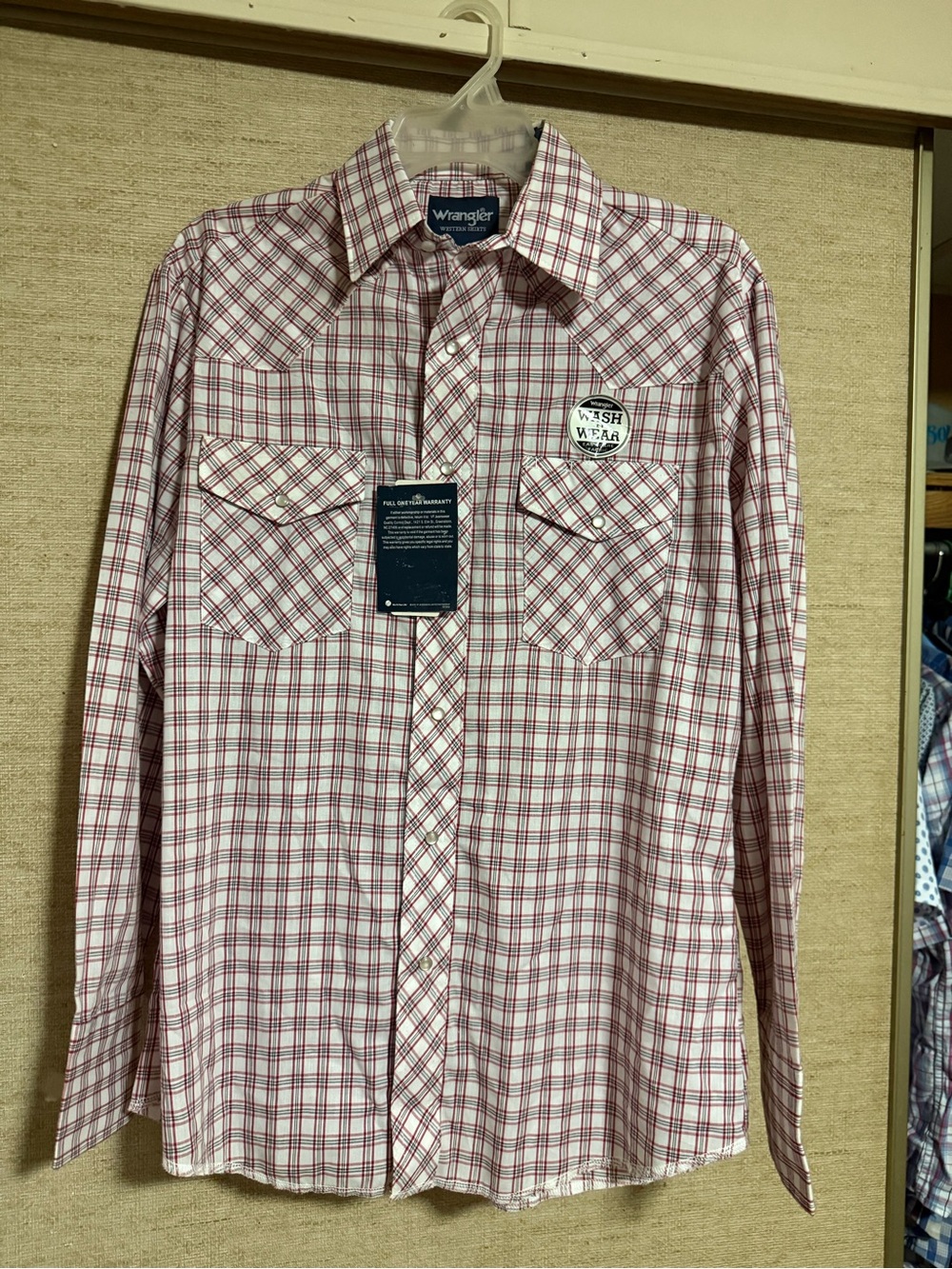 Wrangler Men's Red and White Plaid Button-Down Shirt
